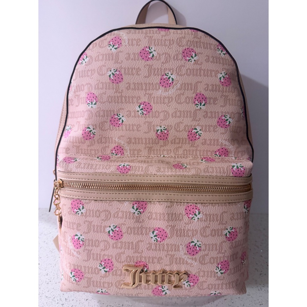 Juicy Couture Strawberry Monogram Backpack Tan Pink Gold Tone Y2K Style Bag